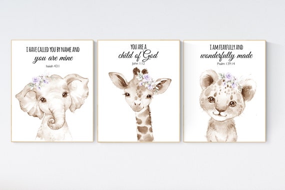 Nursery wall art animals, gray nursery, gender neutral, neutral nursery, verse nursery, bible verse, bear, elephant, giraffe, animal prints