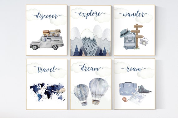 Travel nursery print, Explore nursery wall art, Baby boy nursery, Adventure Set of 6 prints, Camping Prints, Adventure Nursery Decor