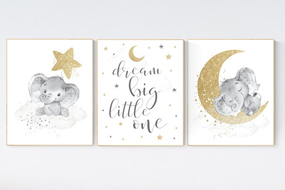 Gold nursery decor elephant, gold nursery, cloud and stars, moon and stars, baby room wall art, gender neutral, gold grey, elephant nursery