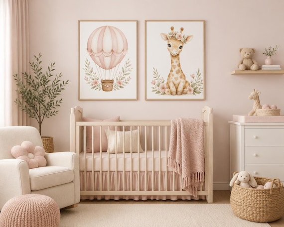 Blush Pink Hot Air Balloon Giraffe Nursery Art Set, Watercolor Safari Baby Prints