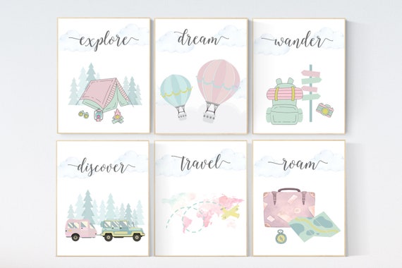 Travel nursery print, Explore nursery wall art, Baby boy nursery, Adventure Set of 6 prints, Camping Prints, Adventure Nursery Decor