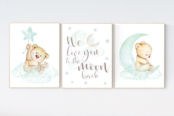 Nursery decor bear, Mint nursery decor, teddy bear, gender neutral nursery, moon and stars, we love you to the moon and back, baby room