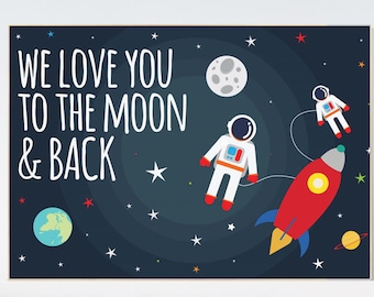 Print babykamer: maan en achterkant, astronauten, raket