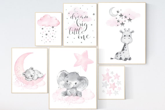 Nursery wall art animals, giraffe, bear, pink grey, nursery decor girl, moon and stars, baby room decor girl, nursery prints, pink and gray