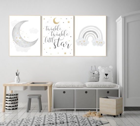 Nursery wall art grey, gray gold nursery, rainbow nursery, nursery decor neutral, baby room decor gender neutral, moon and stars, grey gold