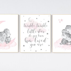 Elephant nursery, nursery wall art elephant, nursery decor girl, twinkle twinkle little star, baby room, girl nursery decor, moon and stars