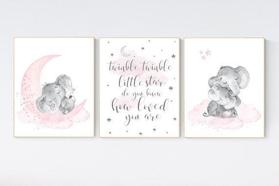 Elephant nursery, nursery wall art elephant, nursery decor girl, twinkle twinkle little star, baby room, girl nursery decor, moon and stars