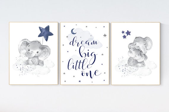 Nursery decor elephant, navy nursery decor, dream big little one, moon and stars, navy blue nursery art. baby room art, elephant nursery