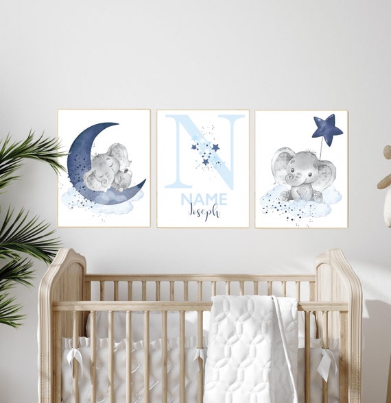 Nursery decor boy, navy blue nursery, elephant nursery, nursery wall art boy, nursery prints boy, set of 3, navy nursery, name nursery