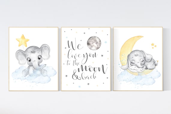 Nursery decor gender neutral, nursery wall art elephant, elephant nursery, blue and yellow, moon, cloud, stars, baby room decor, neutral