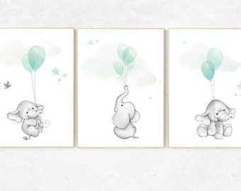 Elephant Balloon Nursery Print: Gender Neutral Mint Decor