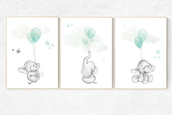 Nursery decor elephant, gender neutral nursery decor, nursery wall art animals, elephant balloon print, mint nursery decor, mint nursery