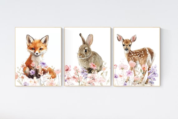 Floral Woodland Watercolor Prints, Safari Animals, wildflower prints, Girl's Room Decor, girl nursery, Safari Nursery Wall Art