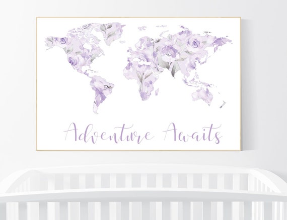 Nursery decor purple, Floral World Map, Girl Nursery Decor, Travel Nursery Art, floral Nursery Print, lilac, lavender, Adventure Awaits