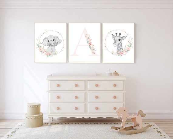 Nursery decor girl boho, animal nursery, blush nursery, blush pink, floral nursery prints, elephant nursery, giraffe nursery, name print