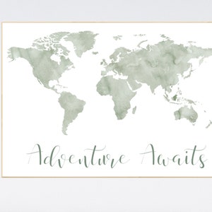 World map nursery, sage green world map, adventure awaits, world map wall art nursery, nursery wall art world map