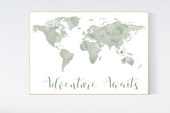 World map nursery, sage green world map, adventure awaits, world map wall art nursery, nursery wall art world map