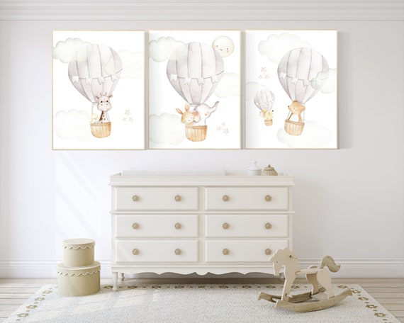 Nursery decor neutral, hot air balloon, woodland animals, gender neutral, baby room decor, elephant, bunny, giraffe, nursery prints