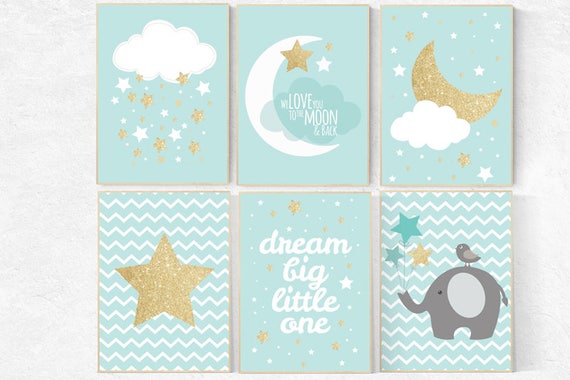 Mint gold nursery, dream big little one, we love you to the moon and back, elephant nursery, Mint gold nursery decor, mint and gold