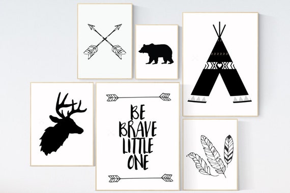 Black and white nursery, Tribal nursery decor, nursery decor woodland, nursery decor adventure, gender neutral, be brave little one, deer