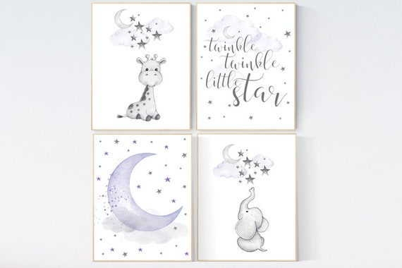 Nursery decor girl purple, nursery decor girl giraffe, purple nursery print, nursery decor elephant, elephant giraffe, twinkle twinkle