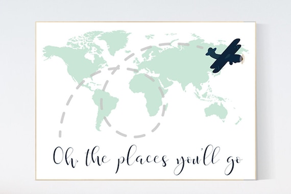 Mint navy nursery decor, Oh the places you'll go, World Map wall art, world map nursery, world map wall art, gender neutral nursery decor