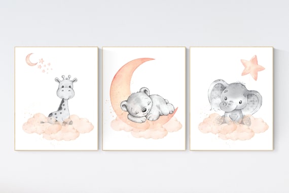 Nursery decor bear, orange nursery, peach nursery, giraffe, elephant nursery print, nursery wall art animals, animal nursery