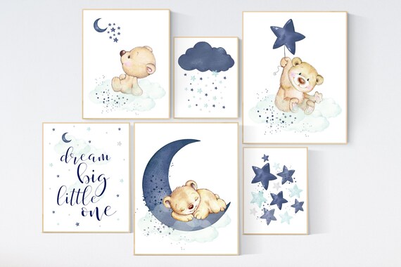 Nursery decor bear, animal nursery prints, navy mint nursery, navy blue nursery, baby room wall art, woodland animal prints, teddy bear