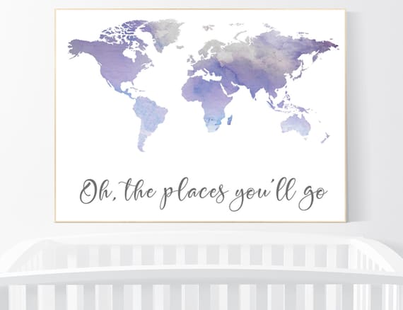 Nursery decor Purple, World map watercolor, Oh the places you will go nursery, world map nursery print, nursery art print, lilac, lavender