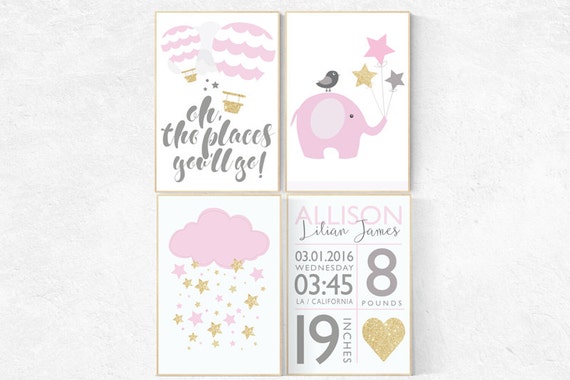 Pink and gold nursery decor, nursery decor girl hot air balloon, nursery decor elephant, nursery decor girl name, birth stats, gold and pink