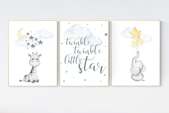 Nursery decor elephant, nursery decor elephant and giraffe, Nursery decor neutral, moon and stars, gender neutral, cloud and stars nursery