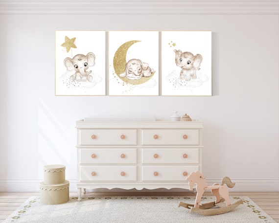 Nursery wall art grey, gray gold nursery, elephant nursery, nursery decor neutral, baby room decor gender neutral, moon and stars, grey gold