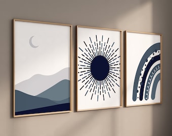 Boho Nursery Prints: Navy Rainbow, Moon, Sun Wall Art