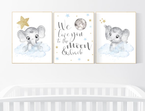 Nursery decor boy elephant, blue and gold nursery, blue nursery wall art, cloud and stars, baby room decor, we love you to the moon and back