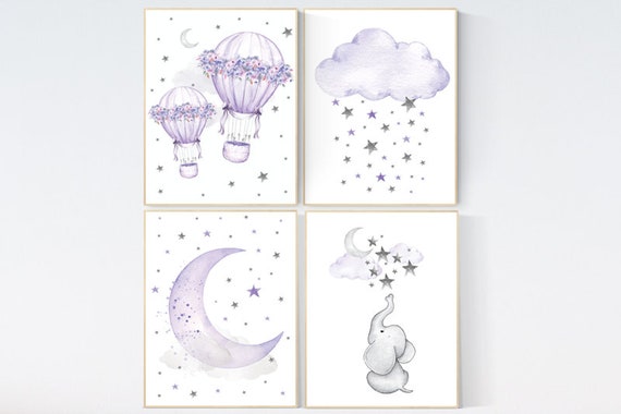 Nursery decor girl purple, nursery decor elephant, hot air balloons, lavender and gray, hot air balloon, lilac nursery, cloud and stars