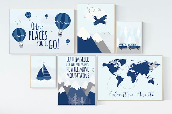 Nursery decor boy adventure, let him sleep for when he wakes he will move mountains, nursery decor boy airplane, world map nursery, navy