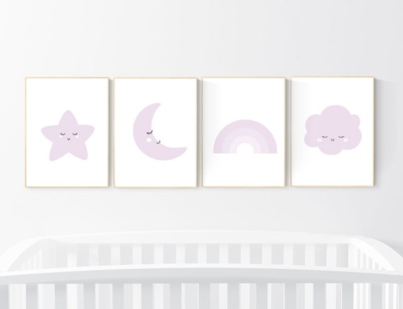 Nursery prints rainbow, Nursery decor girl purple, lilac nursery, nursery wall art girl, moon star, cloud, rainbow nursery, lavender, lilac