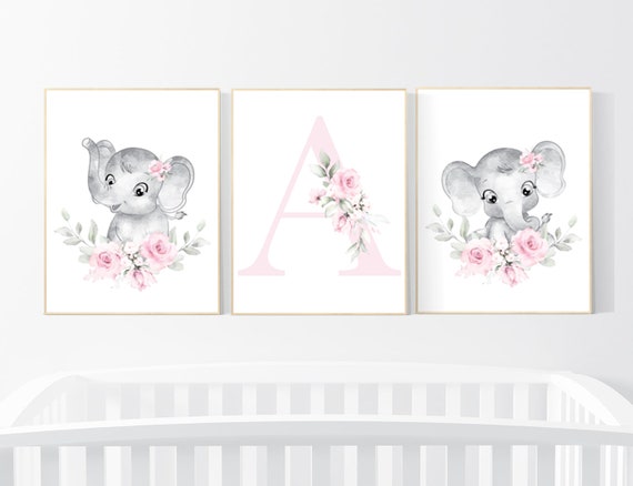 Nursery wall art elephant, nursery decor girl flower, nursery decor girl floral, Boho baby room, pink nursery decor, flower baby room