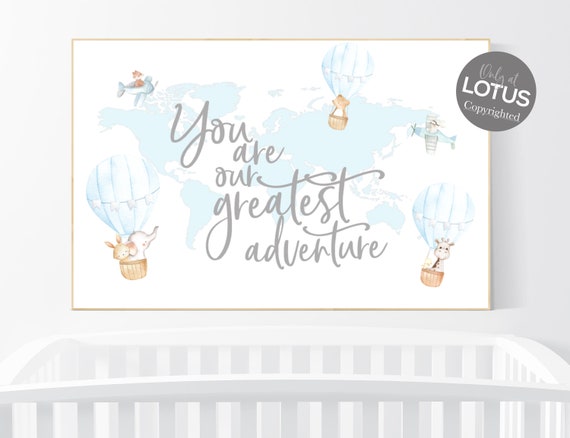 Boy nursery decor, Hot air balloon nursery, Nursery decor blue, you are our greatest adventure, world map, animal nursery, travel themed