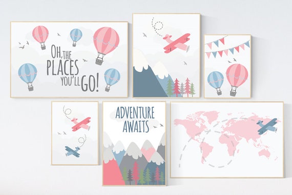 Nursery decor girl adventure, adventure awaits, girl nursery decor, nursery prints mountain, mountain wall art, travel themed nursery girl