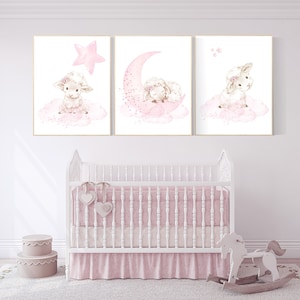 lamb nursery wall decor, Sheep nursery decor, Nursery decor girl, nursery wall art sheep, moon and cloud wall art nursery, girl nursery art
