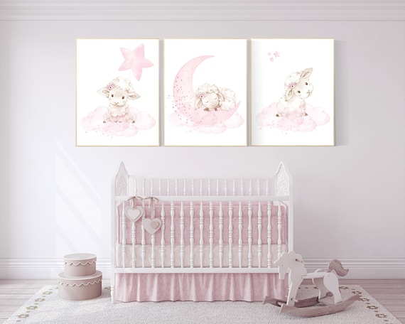 lamb nursery wall decor, Sheep nursery decor, Nursery decor girl, nursery wall art sheep, moon and cloud wall art nursery, girl nursery art