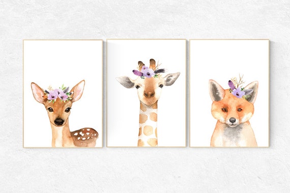 Nursery decor purple, Woodland nursery, flower animal print, lilac nursery, animal flower crown, lavender nursery, nursery prints animals