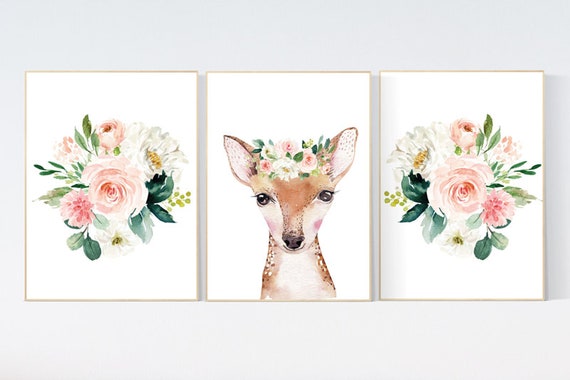 Nursery decor girl flower, blush, woodland animals, boho, nursery decor girl floral, peach nursery decor, floral nursery, deer, animals