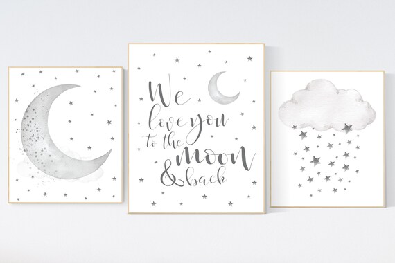 Nursery wall art grey, gray nursery, nursery decor neutral, baby room decor gender neutral, moon and stars, grey nursery decor baby room art