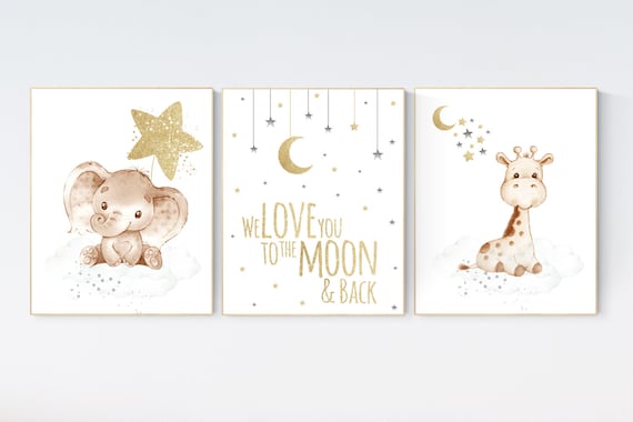 Animal nursery, gender neutral, grey gold, nursery prints, elephant and giraffe nursery, we love you to the moon and back, nursery decor