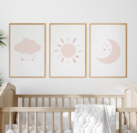 Blush Pink Nursery Prints: Rainbow, Moon, Star Wall Art