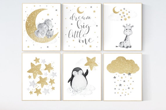 Gold nursery decor, nursery wall art neutral, elephant, giraffe, penguin, cloud stars, star nursery, dream big little one, gold baby room