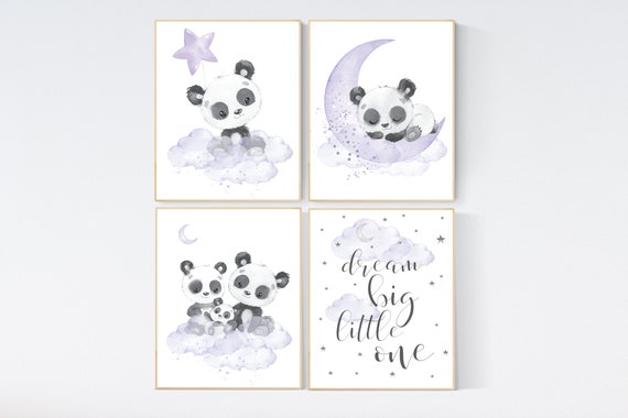 Nursery decor girl, panda nursery, purple and gray nursery wall art, panda nursery print, nursery decor animal, lilac, lavender, purple