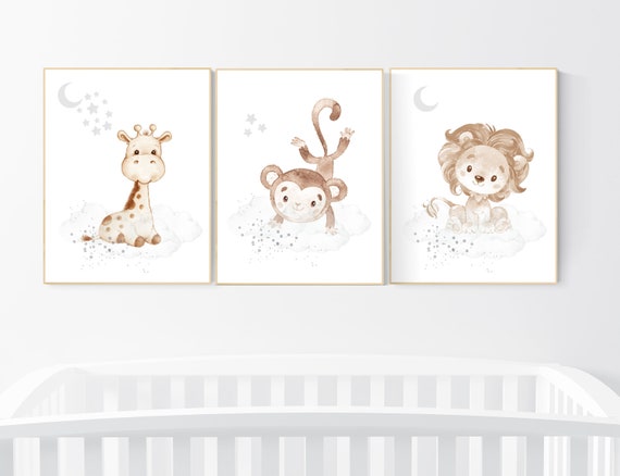 Nursery wall art animals, gray nursery, gender neutral nursery, neutral nursery, baby room decor, monkey, lion, giraffe, animal prints